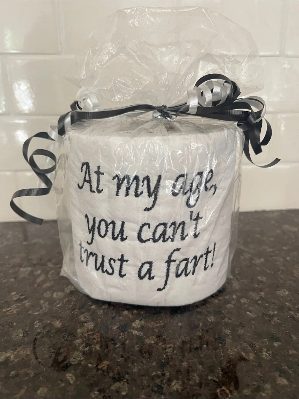 Humorous Embroidered White Toilet Paper Roll - Novelty Bath Gift at my age new